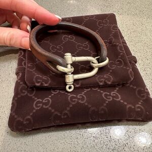 Vintage Authentic Gucci Brown Leather Sterling Silver Buckle Bracelet Men’s